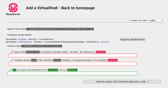 virtual host domain name and root location