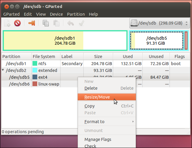 resize/move ubuntu partition